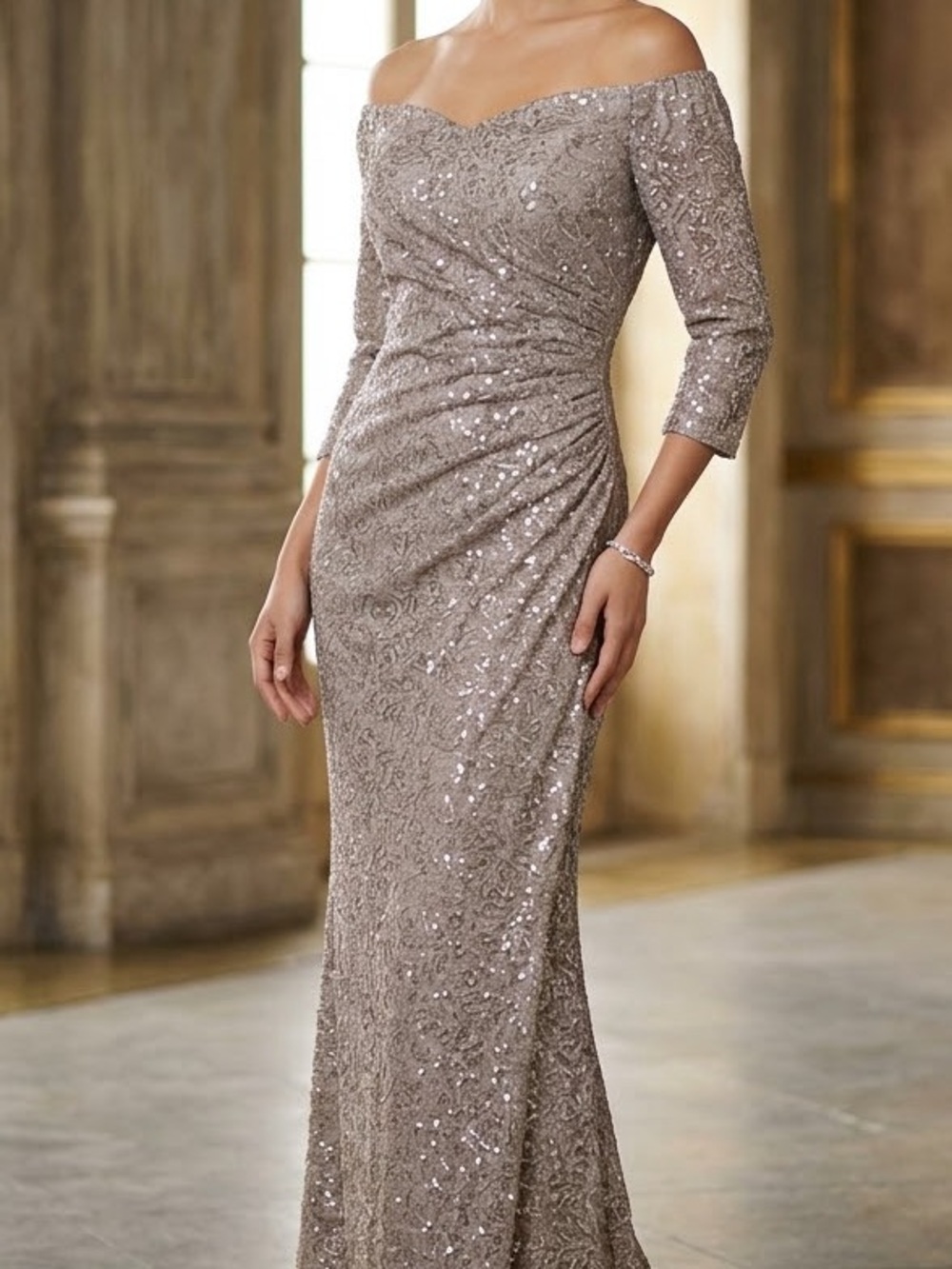 Oleg Cassini glitter gray off the shoulder ruched side lace maxi midi dress